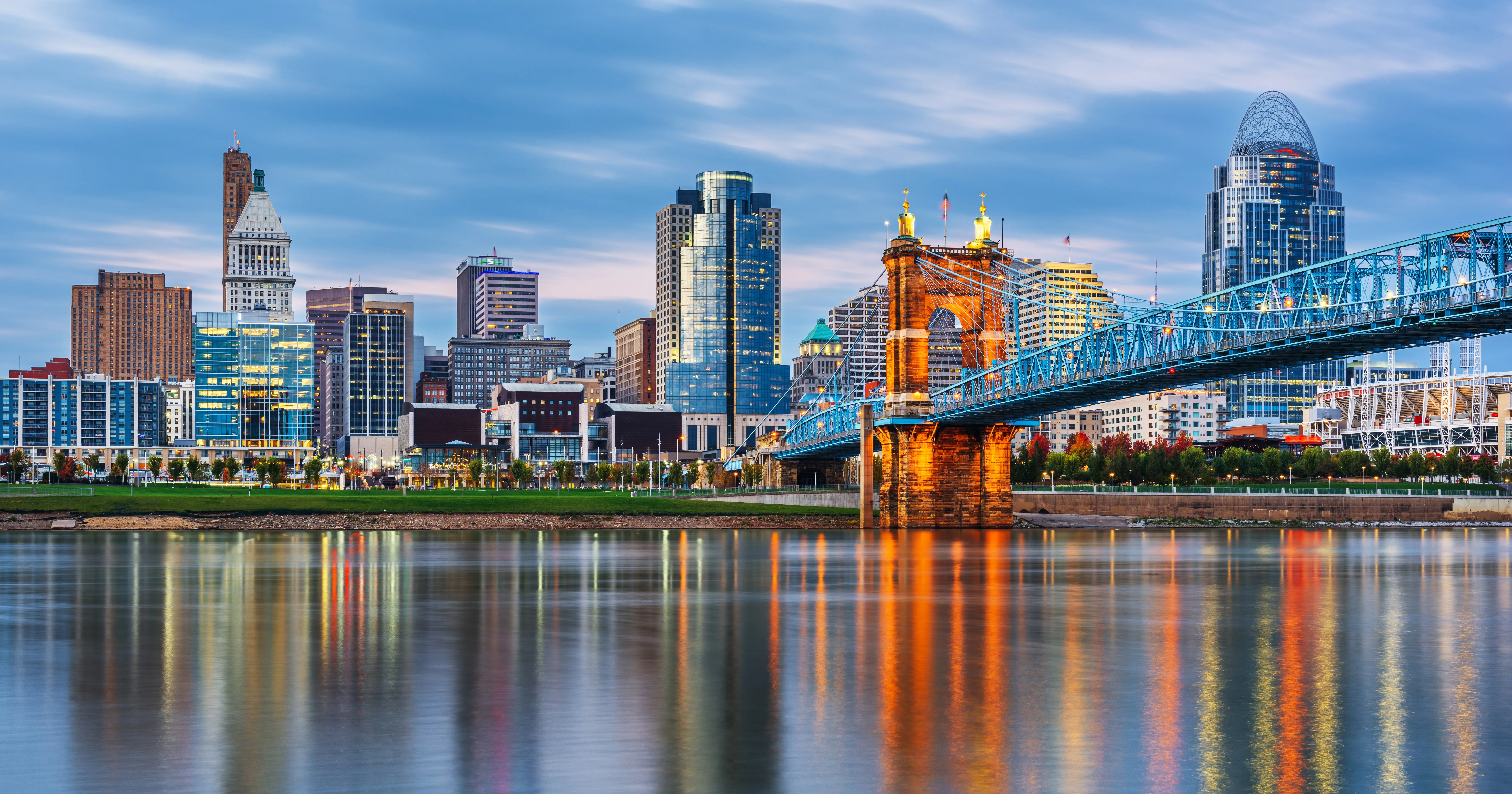 Cincinnati skyline and the John A. Roebling Suspension Bridge at dusk